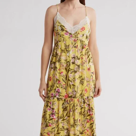NWT Lovestitch Women's Floral Tiered Slip Maxi Dress Yellow/White Lace Back Sz S - Picture 8 of 9